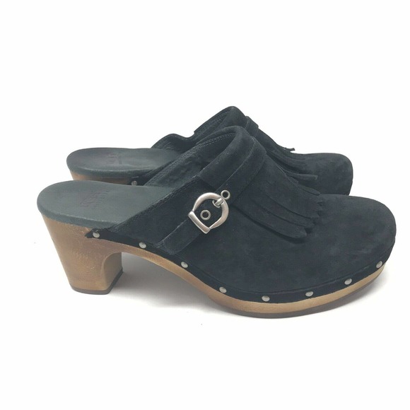 UGG Women 6 Gweneth Platform Mules Clogs Black Suede Fringe - Picture 3 of 9